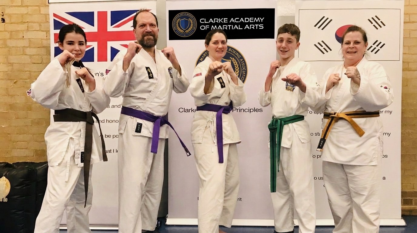 Martial arts students training together in a bright dojo